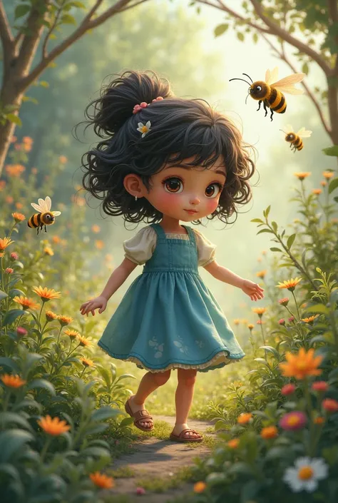 A little brunette girl with curly and black hair, walking through the garden, wearing a little blue dress and playing with bees 