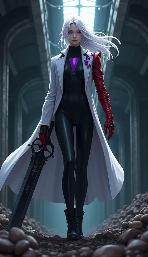 Imagine a man standing on top of a pile of s he's tall, long white hair loose in the wind, She has a large black sword with purple details on her hand and wears a white overcoat, black bodysuit with purple triangle in the middle of the chest, dress pants a...