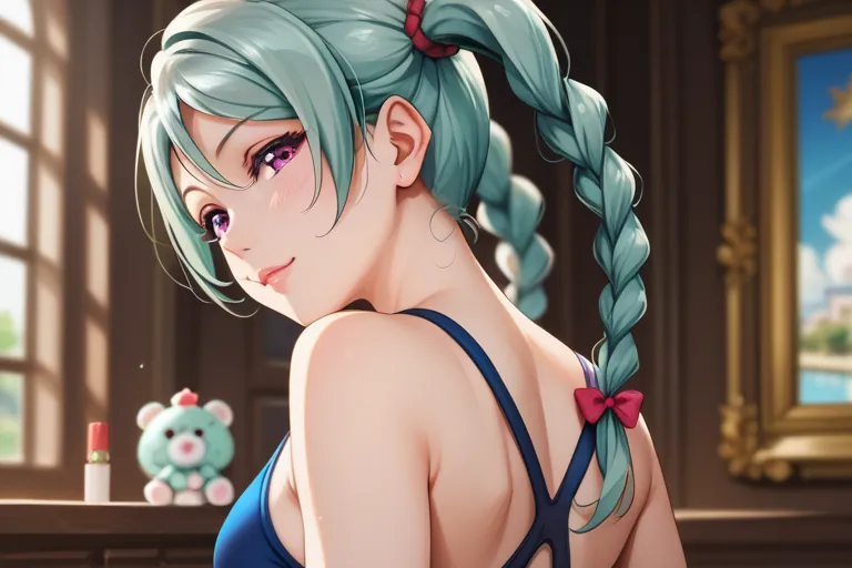 ((Highest quality)), (( masterpiece)), (exhaustive), Love Live style girl, Alone,
((Mint Hair)), ((red purple eyes)), (((high twintails))), ((braids hair)), dark eyelashes, half closed eyes, high eyebrows,  medium breasts, baby face, 
 navy blue one-piece ...