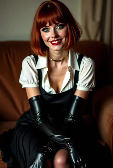 professionally colored photograph. fetish. Erotica A sexy, hot Ukrainian woman. wearing a short reddish-brown wig. smoky eyeshadow. black eyeliner.  deep red lips . winter night. Wearing a white blouse with a collar and short sleeves.  cleavage. wearing bl...