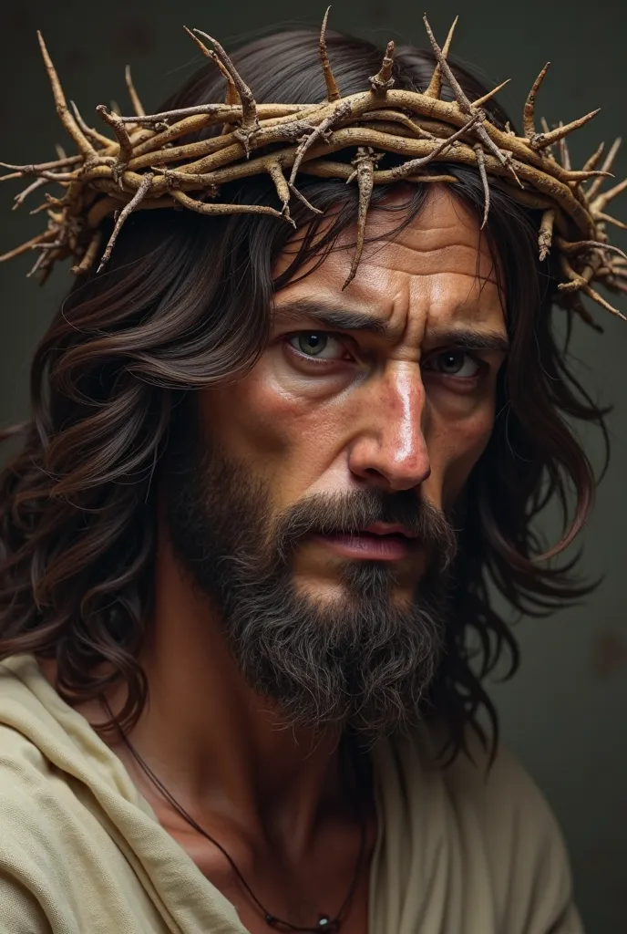 An image of Jesus with a crown of thorns on his sad head from the front looking forward 