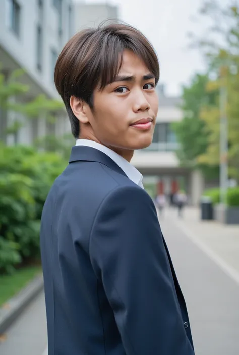 Photorealistic, 8k whole bodyポートレート, Handsome, mens, Gentle expression,smile,Brown Hair,Fine skin,20-year-old Japanese,University campus,Bangs that reach the eyes,The front hair is down,Short-haired man,Looking Back,whole body