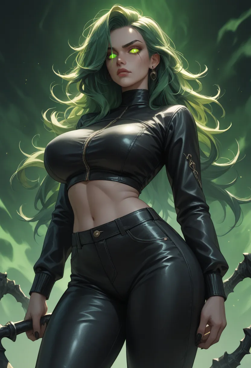 Female grim reaper, long green hair, [glowing onyx eyes:1.4], large firm breasts(voluptuous), grim reaper, leather pants, demon cycle