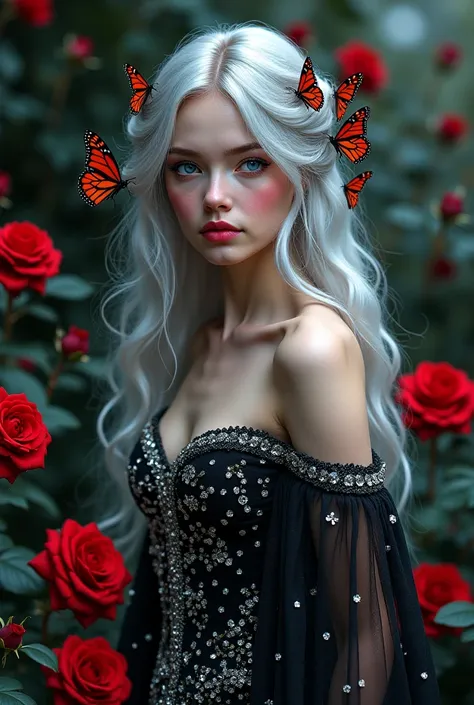 "A young woman of ethereal beauty with long silver hair,  bright blue eyes and flawless skin . She wears a black dress detailed with silver embroidery and precious stones,  reflecting a subtle sheen . Vibrant red butterflies surround the scene, some restin...