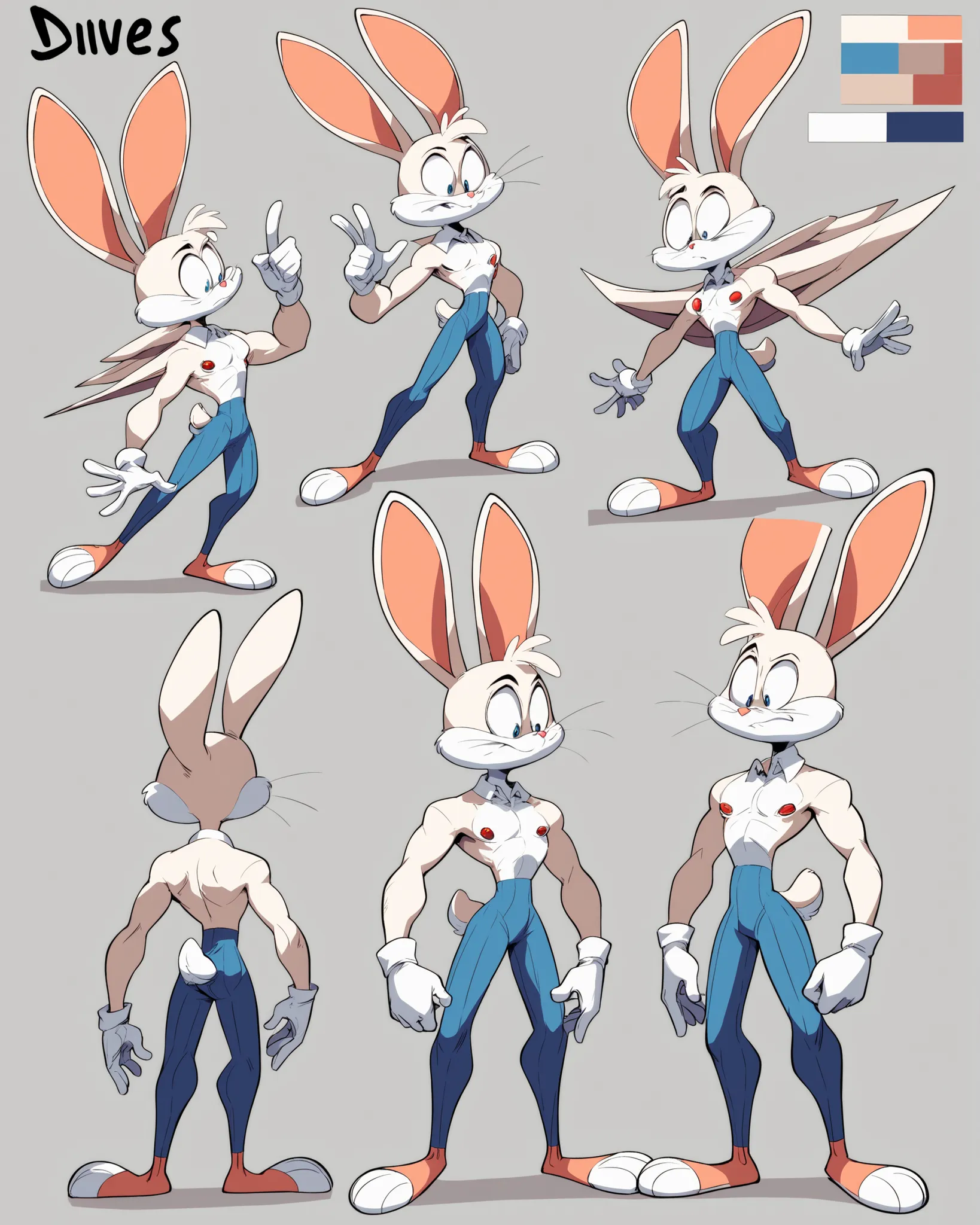 A full body view of Exolus aka Dr. Ozone, the male anthro rabbit with a air-themed white supersuit. He is flying in the air background. The character sheet contains information about his species, level, health, and other attributes., tiny toons style, by d...