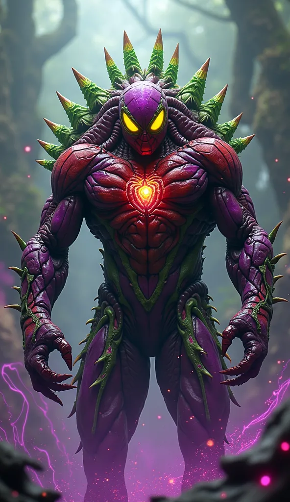 Creates a massive 32k,  muscle, , and a mutant mating creature that looks like a fusion above the world of fruits. Mangosteen and Spider-Man. breeding organisms retain the vibrant purple, red and green tones of mangosteen fruit., blends perfectly with the ...