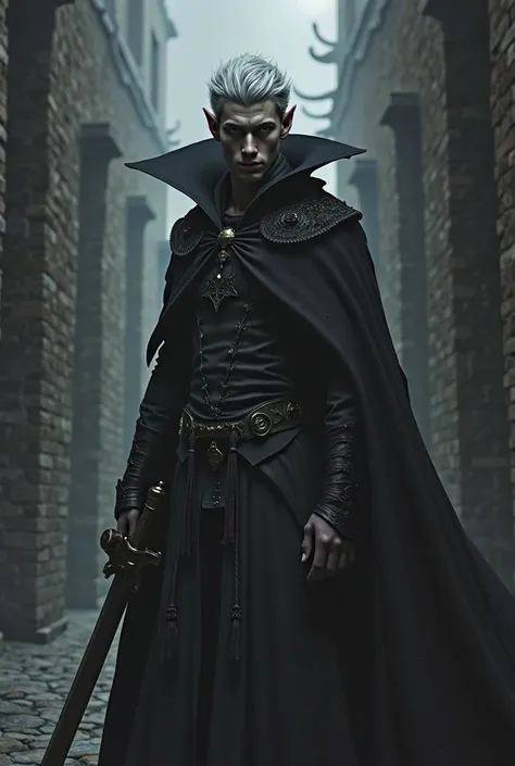 Elfe noir drow masculin jeune cheveux courts. Oreilles pointues peaux grise. Cheveux blancs les yeux noirs. Dans une ruelle médiévale. Grand chapeau et une cape simple et sobre, avec un grand sabre allemand de la renaissance. 