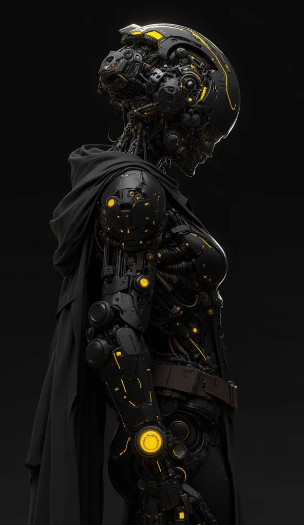 a side view of a mechanical or robotic entity with intricate design elements predominantly in shades of black and yellow. The medium appears to be digital art given the precision and the level of detail present