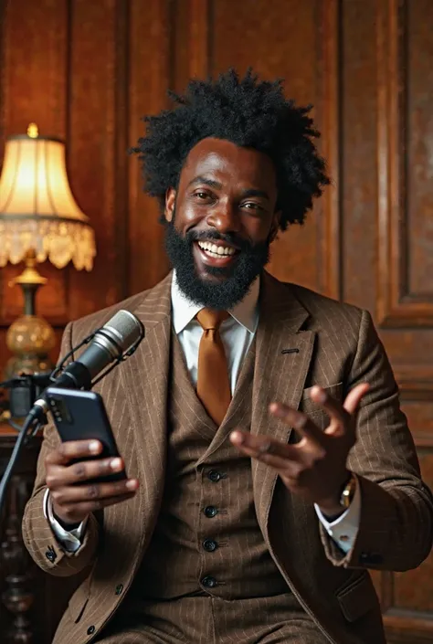 A middle-aged Black man with a full, well-groomed salt-and-pepper beard and afro hairstyle, wearing a vintage three-piece brown pinstripe suit with a matching tie. He has a warm and engaging expression, gesturing with his hands while speaking. He holds a m...