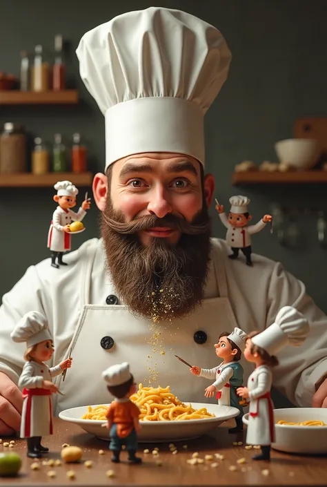 A massive chef with a white apron and tall hat, while miniature cooks are working on his mustache like it's a pasta dish. Some are sprinkling spices, others are using knives to sculpt, and a few are stirring sauce on his beard. A warm kitchen ambiance with...