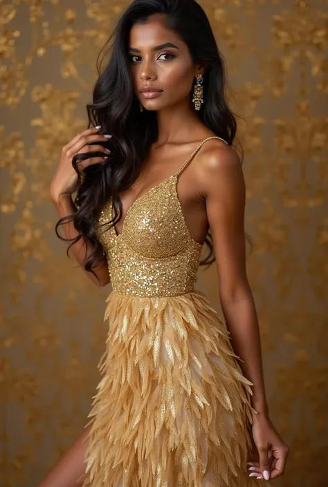 araffe woman in a gold dress posing for a picture, golden dress, wearing a sparkling dress, short dress, indian super model, indian girl with brown skin, stunning woman, sexy girl, modeling shoot, wearing a dress of gossamer gold, wearing an elegant dress,...