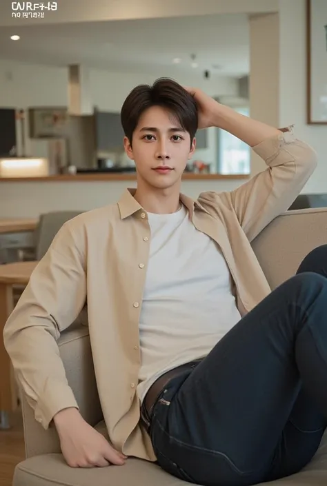 high quality , 4k, hdr) A handsome young Korean man , manly, 27 years old , with bangs , wearing a beige shirt and denim trousers, sprawled on the living room sofa . (realistic, very detailed)