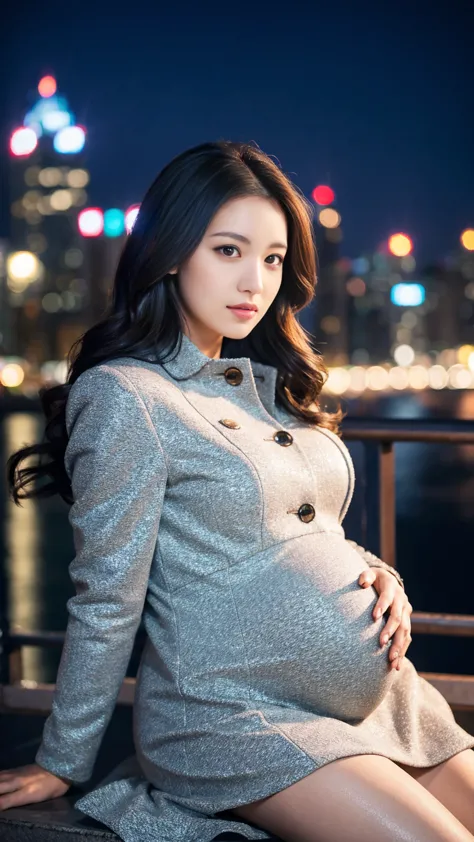 masterpiece, Best Quality, 8K,looking at the viewer,Japanese Lady,20 years old, pregnant woman, Voluptuous, night city background, shoulder length hair, strapless dress and coat, sitting, full body 