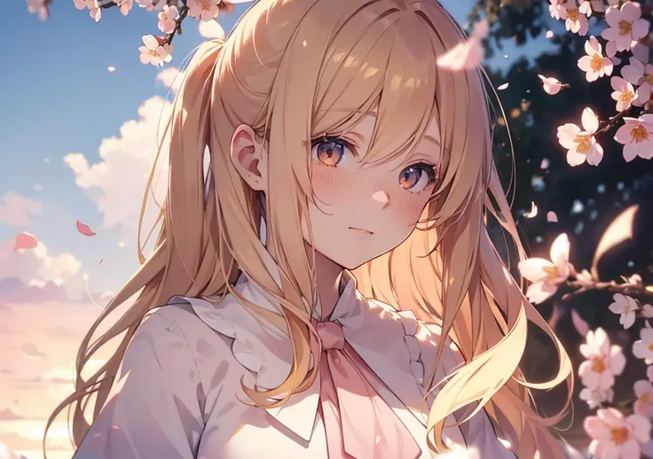 Her pale peach blonde hair flutters gently in the breeze, tied with a large pastel pink ribbon. Warm sunlight shines on her profile, and her eyes shine with a gentle gold and orange glow. Her soft smile and pale blush are adorable, and the background is a ...