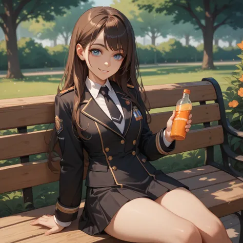 Tall young Adult girl, 1girl, Long Hair, Dark brown hair, blue eyes, Smiling, Black uniform with white neck tie inside, white miniskirt, sitting on wood bench in the park daytime, holding a small bottle of orange juice.