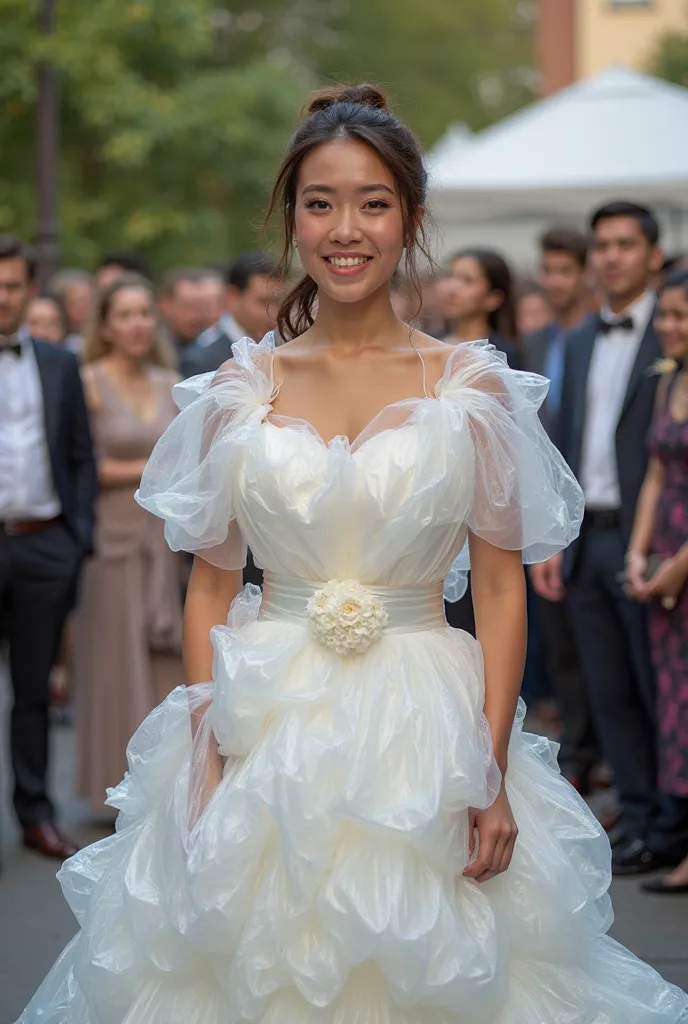 An office lady showing off her plastic bag wedding dress in front of the public at her wedding、chest,  blushes, tears