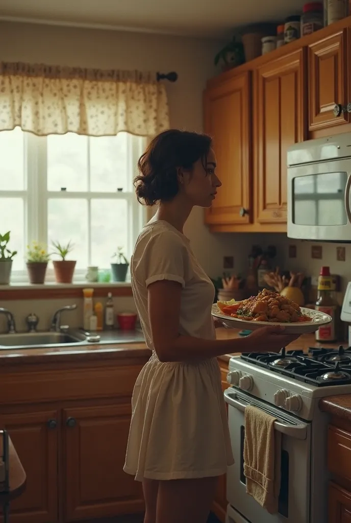 there is a woman standing in a kitchen with a tray of food, aesthetics da  lofi,  in the kitchen, in a kitchen, gif, cozy aesthetic , cleuma aesthetics, art film and essay, beautiful and aesthetic,  aesthetics lofi , aesthetics &quot;, uma aesthetics!, aes...