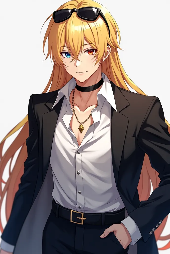 Create an image of a anime handsome man, with long blonde hair that has a little bit of faded orange color at the ends. He had porcelain skin, his left eye is indigo blue  and his right eye is scarlet. He had a black choker on his neck and a gold necklace....