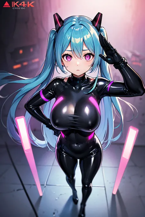 最high quality、Best image quality、masterpiece、Hatsune Miku Vocaloid、Big breasted android girl((18-year-old、red, Glowing black and blue cyber suit、brainwashing,Combatant, Hollow Eyes,((Purple glowing eyes 1.5)), Huge breasts , Expressionless, Emotions are re...