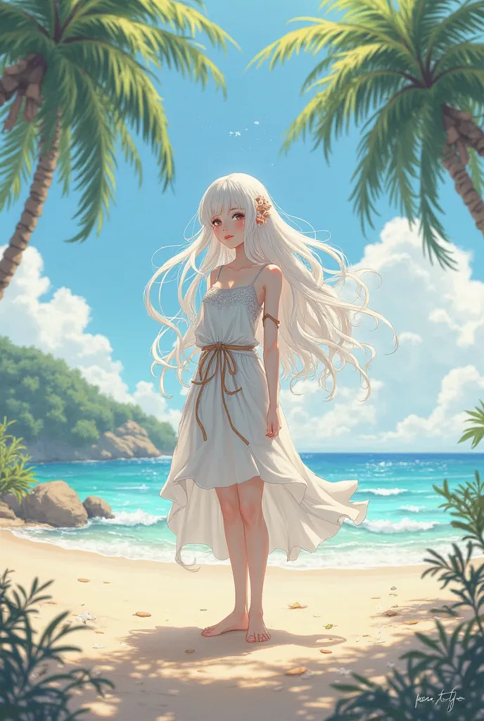 An anime character with white hair on the beach