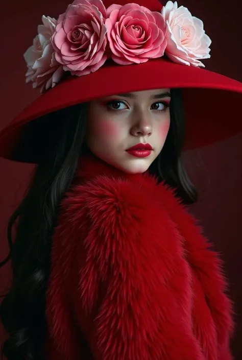 Red Elegance: A young girl (long dark hair, dramatic makeup) wears a dramatic red fur coat and a large wide-brimmed hat (pink and white flowers). Elegant, dramatic, mysterious mood. Rich, deep color palette (reds, pinks, dark background). Style reminiscent...