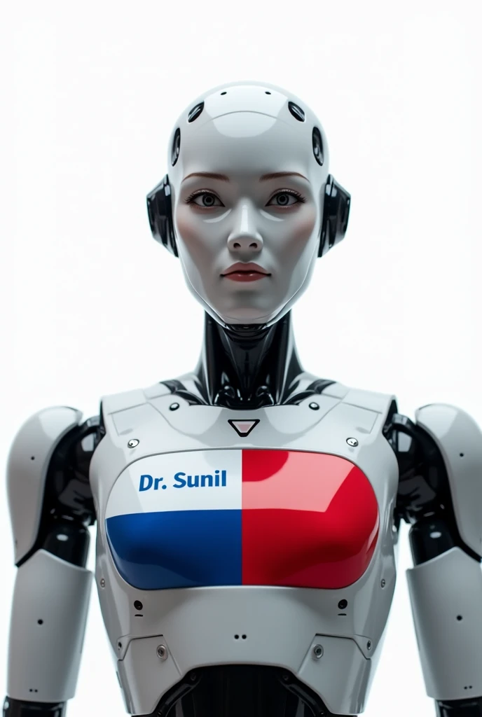 robot with white background, That he is in front and has eyes that he is a man like an adult man based on the flag of Panama that on his chest says Dr.. SUNIL, And it also has the full flag of Panama