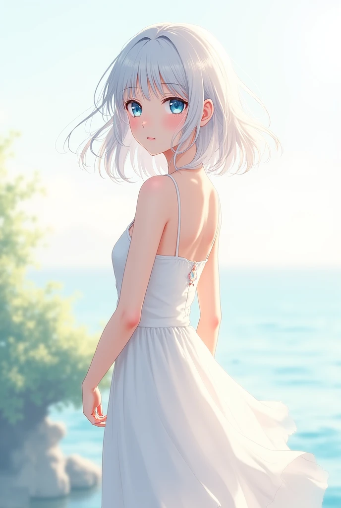 Anime woman with shoulder length white hair and blue eyes. Wearing a white sundress.