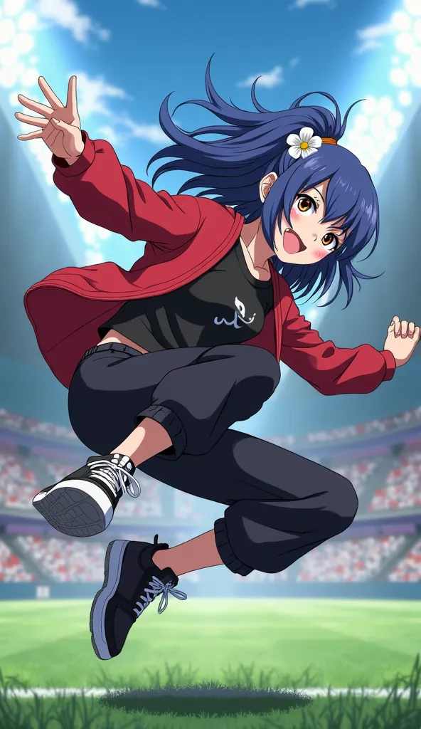 "Create a highly detailed illustration of Konan from the anime Naruto, performing breakdance moves. She has her signature blue hair with a flower-shaped hairpin on the side. She is wearing trendy black and red urban streetwear and stylish sneakers. The sce...