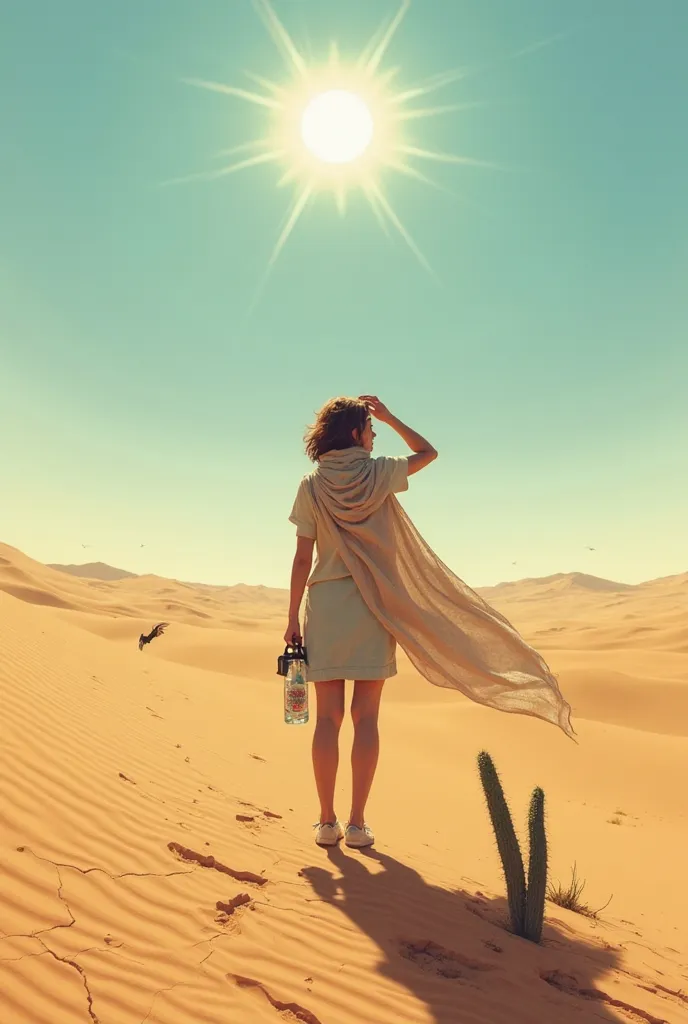 A young woman standing alone in a vast desert under a blazing sun, her shadow stretching long across golden sand dunes. She wears a lightweight scarf billowing in the dry wind, one hand shielding her eyes as she scans the horizon. The landscape is stark an...