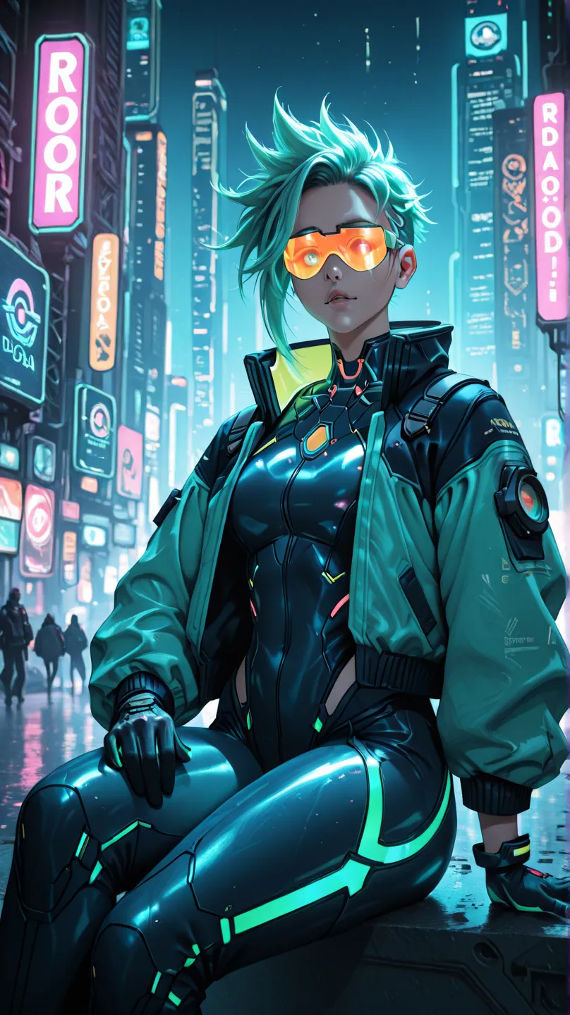 A cool cyberpunk style avatar designed for a hacker, featuring sleek, futuristic aesthetics and vibrant neon colors. The character has an edgy appearance with short, spiked hair in bold colors like electric blue or neon green. Their outfit consists of a fo...