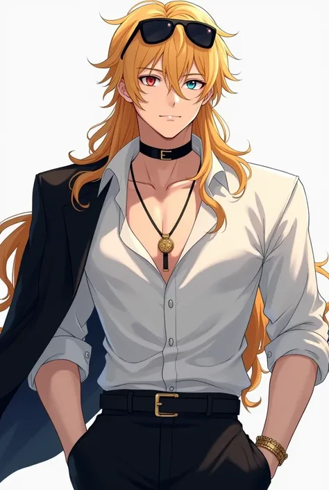 Create an image of a anime handsome man, with long blonde hair that has a little bit of faded orange color at the ends. He had porcelain skin, his left eye is indigo blue  and his right eye is scarlet. He had a black choker on his neck and a gold necklace....