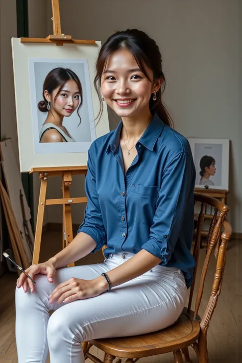 She's wearing a blue shirt with a little bit of white paint and tight white pants.She is sitting on a wooden chair with a bright smile and holding a brush with one hand.Behind her is a beautifully illustrated sketchbook on a wooden stand.The paint is on th...