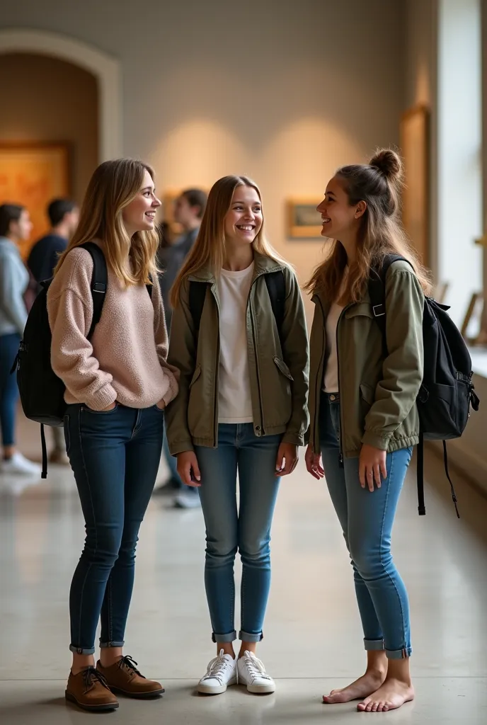 Realistic photo, three 15-yo schoolgirls and female guide smiling and standing barefoot in museum