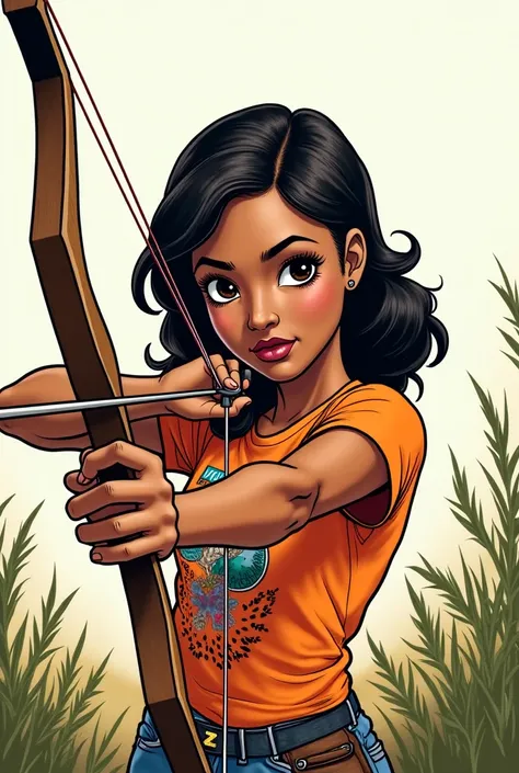 A comic book style illustration depicts a young woman with a bow and arrow in a goal pose.

The composition of the image focuses on the of the young woman, centralized, with the bow and arrow in the foreground.  The character is at a slightly inclined angl...