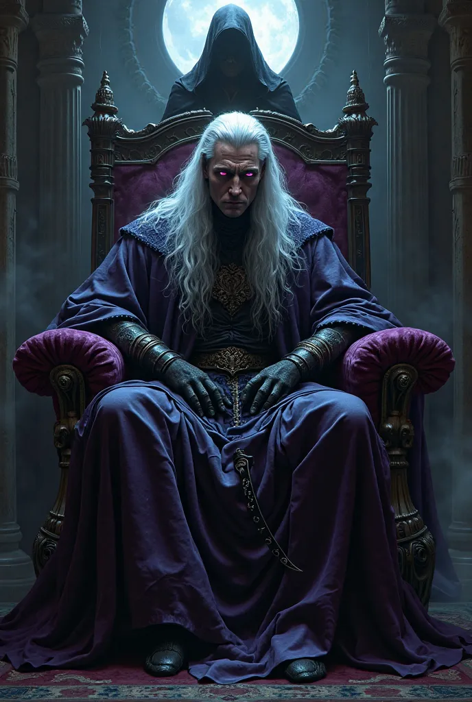 Aristocrat, dark elf (Drow), with violet eyes, white hair, wearing expensive robes, carrying a rapier. Sits on a velvet throne by the light of the moon. Dark spirit behind the throne, on the left