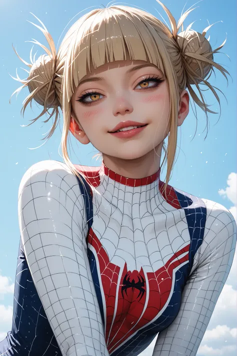 1GIRL, t0ga himoko, blonde hair, yellow eyes, blunt bangs, double bun, BLUSH ON CHEEKS, BLUSH ON NOSE, TONED BELLY, SMALL BRAST, SLIM BODY, masterpiece, best quality. (SPIDERMAN CLOTHES), (VIEW UP TO YOUR KNEES)