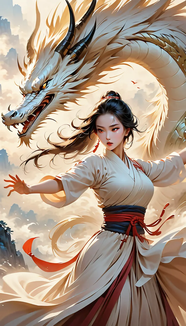 (great works, of the best quality:1.2), martial arts 风格，Chinese cartoon ， martial arts ，（ beautiful girl），（Dragon and girl meet），（ girl with aggressive posture）