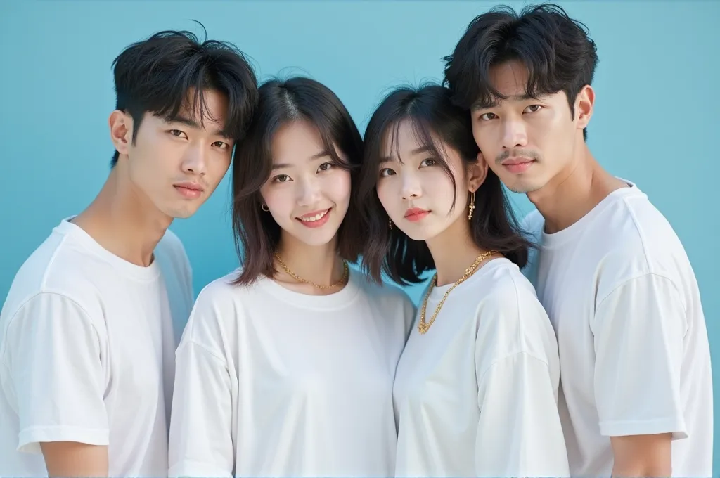 A group of young Korean people wearing white, collarless, loose hip hop-style T-shirts pose for a photo, there are 2 men and 2 women, the background behind them is blue.