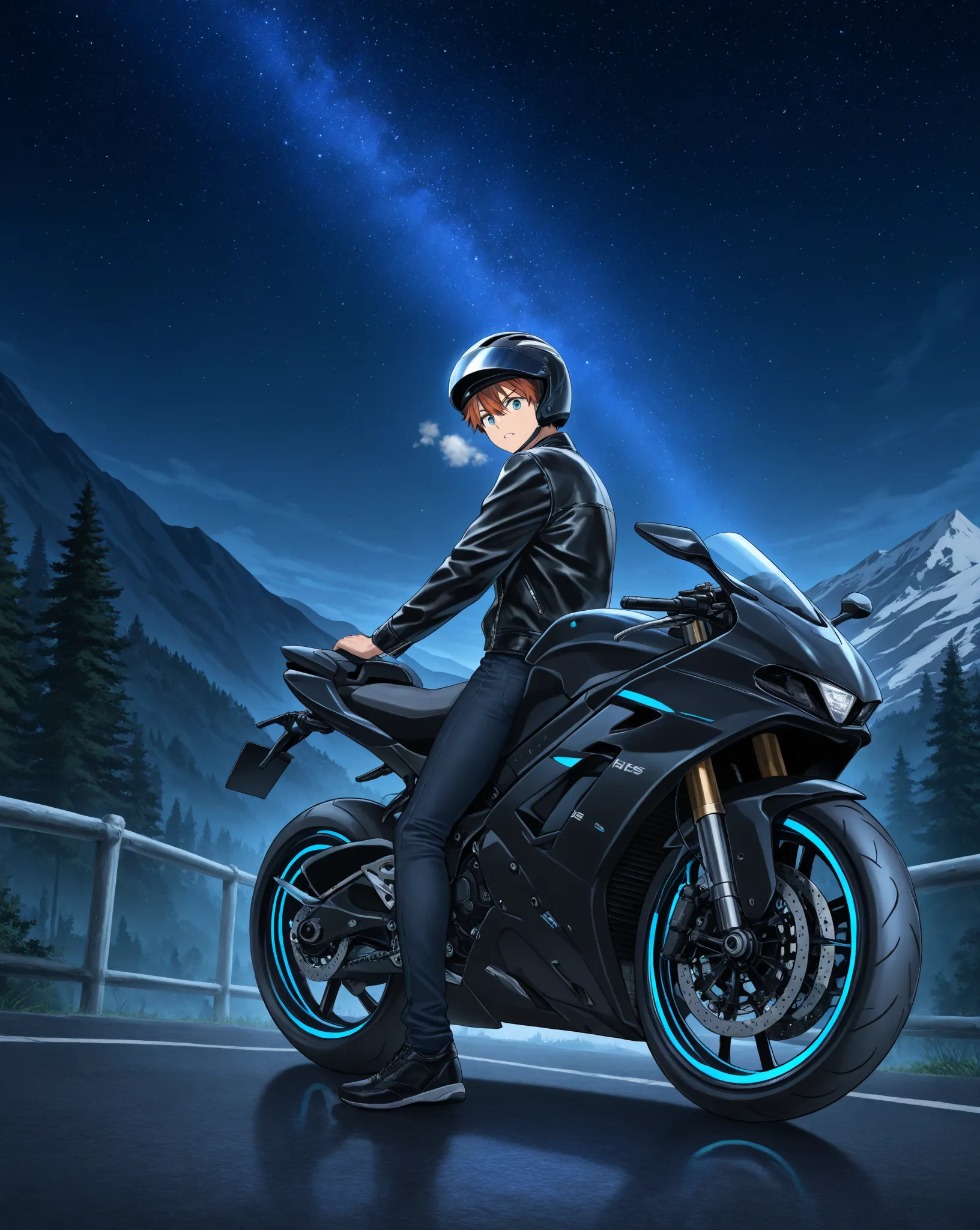 Boy riding a blue sports bike、black jacket with jeans、Black shoes、Deep mountain scenery、View the night sky、The breath turns white、 helmet