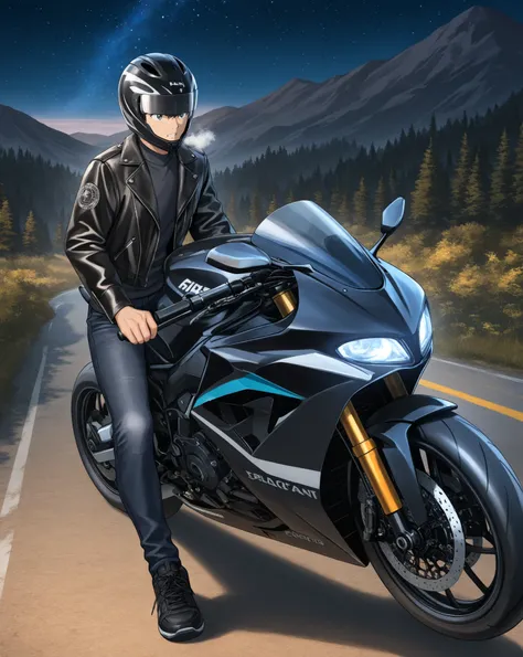 Boy riding a blue sports bike、black jacket with jeans、Black shoes、Deep mountain scenery、View the night sky、The breath turns white、 helmet