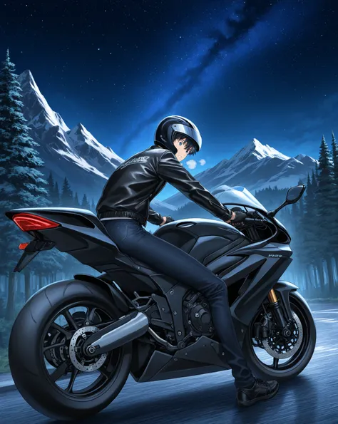 Boy riding a blue sports bike、black jacket with jeans、Black shoes、Deep mountain scenery、View the night sky、The breath turns white、 helmet