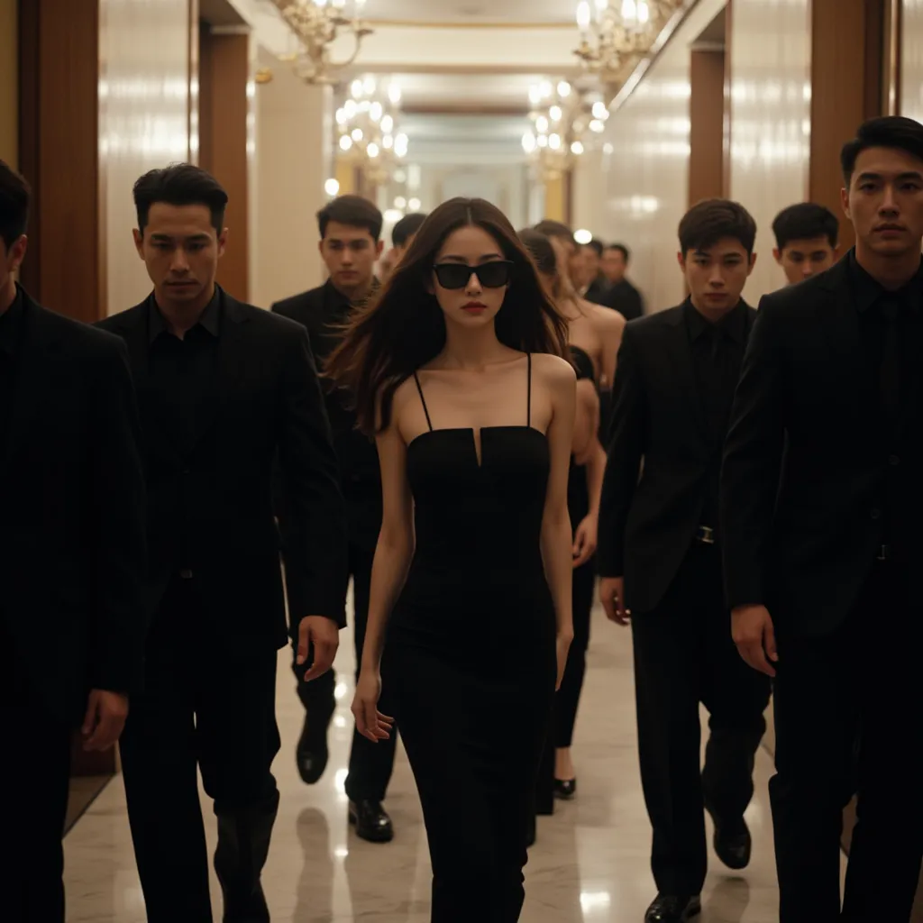 The Asian girl, the perfect figure, looks elegant and charming. She wears black sunglasses, adds mystery and power. Dressed in a tight dress of dark tones that perfectly accentuate the proportions, she is walking slowly and confidently, representing a youn...