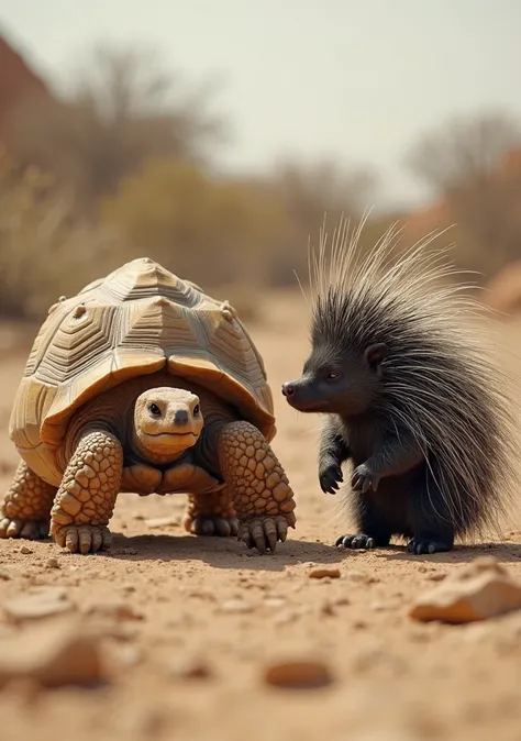 Close-up, cinematic, photorealistic image of a Sulcata tortoise and a porcupine standing side-by-side, full body shots, sharply in focus.  The tortoise, a mature adult with heavily textured, brown and beige shell, stands slightly angled towards the viewer,...