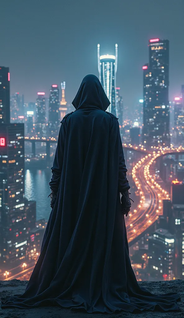 A hooded figure on your back, Looking at a modern city lit up at night. The face is hidden , suggesting mystery and uncertainty, leaving the question in the air: 'Is he already with us?