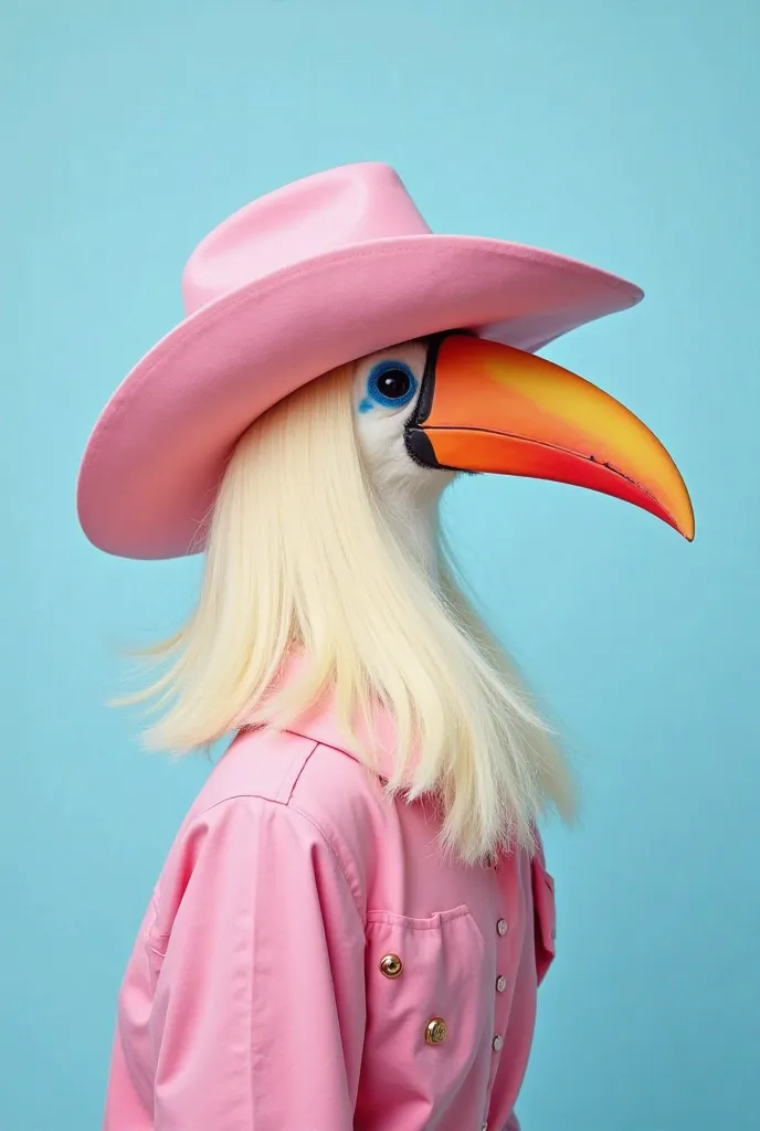 Recreate the album cover image "Joanne" by the singer Lady Gaga. Change the figure of Lady Gaga on the cover to that of a Toucan with her face turned to the left side of the image wearing a pink cowboy hat. Toucan in profile wearing a pink hat with very li...