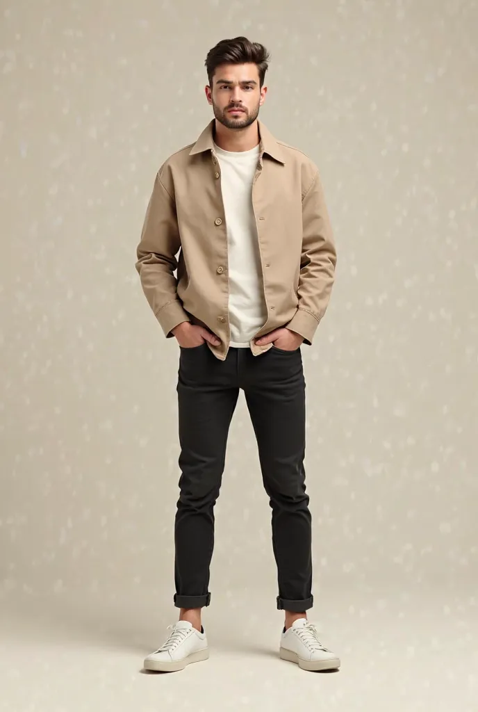 Beige sleeve shirt, black jeans, white sneaker, male in clothes