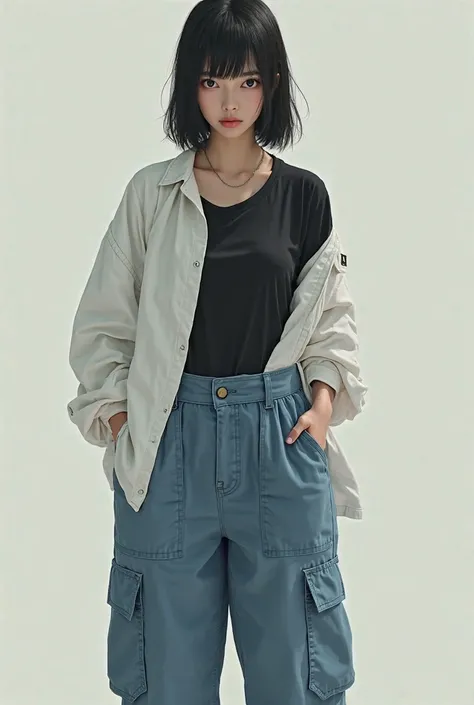 create an Asian girl with a serious look and slanted black eyes,  medium black hair , wearing a black blouse, with an unfastened white shirt, blue cargo pants and white shoes,  Realistic