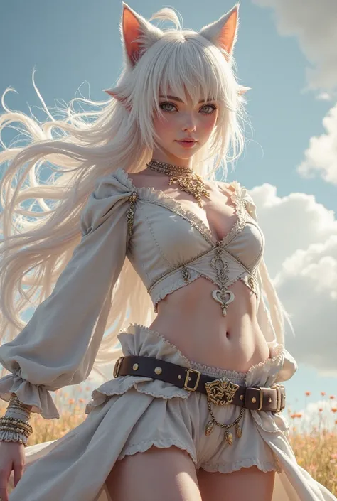 Y'shtola Rhul de FFXIV stretched out real hiperrealista Hiperrealismo como protagonista de la portada y con textos de fondo como si fuese una revista de verdad.  outfit.  hyperrealism. live action magazine.  magazine cover.stretched out.  white cat ears. 