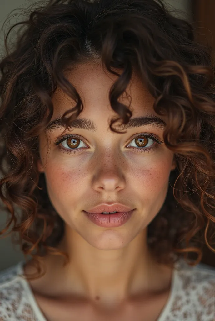  Create a photo of a woman ,  at 19 , curly hair, brown eyes, 