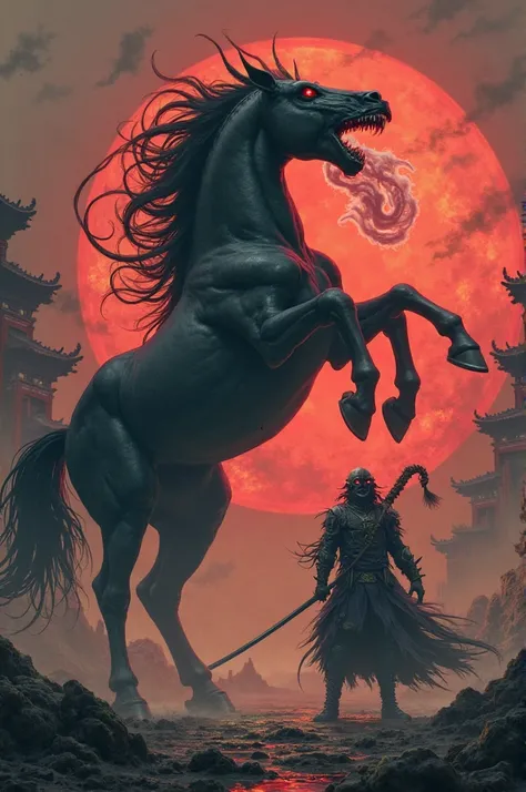 "A terrifying scene, where a black horse stands on its hind legs with red glowing eyes, its eel waving in the air and steam coming out of its mouth. Surrounding him is a dangerous, Chinese-style monster, with pointed teeth, red eyes and scary claws. He hol...